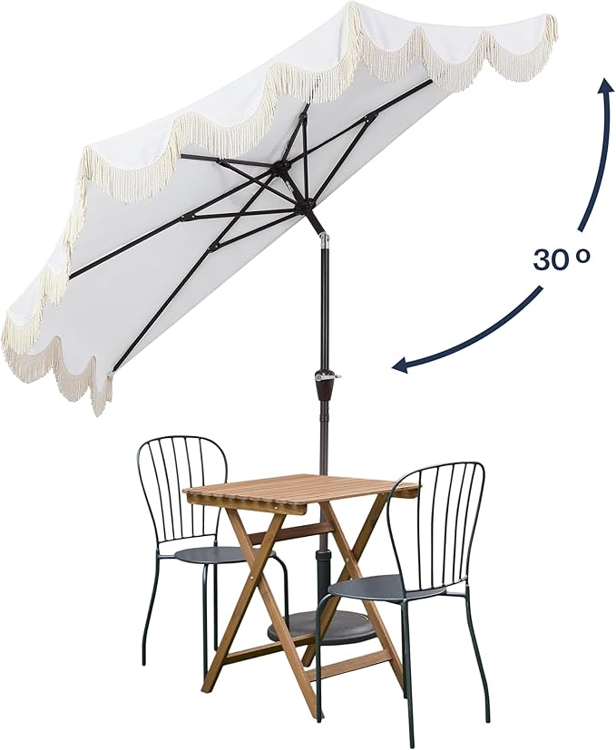 JONATHAN Y Half Umbrella UMB1201D Beverly 9 ft. Designer Classic Scalloped Fringe Market Patio with Crank, Push Button Tilt and UV Protection in Cream/White