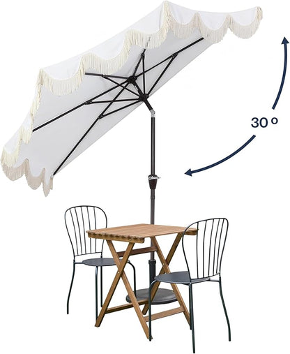 JONATHAN Y Half Umbrella UMB1201D Beverly 9 ft. Designer Classic Scalloped Fringe Market Patio with Crank, Push Button Tilt and UV Protection in Cream/White