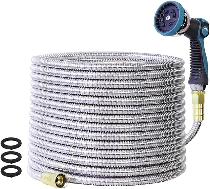 50FT Garden Hose, Stainless Steel Water Hose, Metal Hose Flexible with a 10-Mode Nozzle Sprayer, No Kink, Lightweight, Puncture Proof, Ideal for Yard, Lawn, Outdoor, 5/8'' Outside Diameter