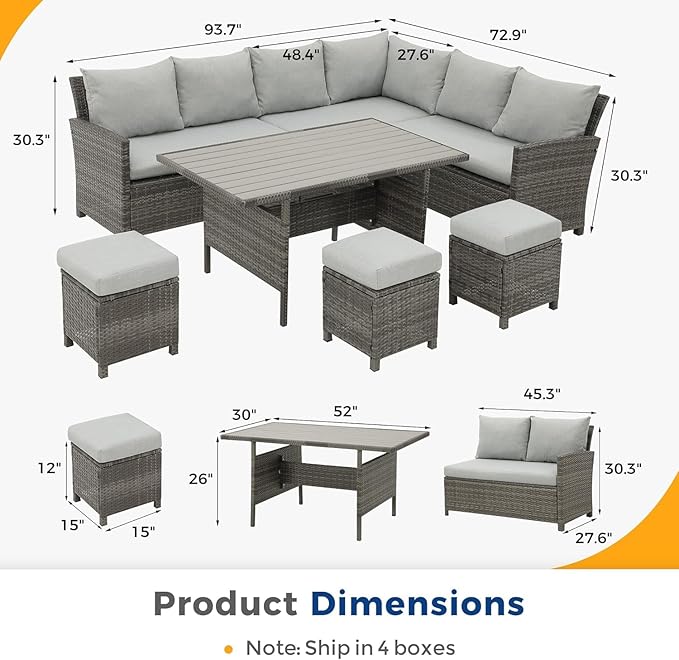 Wisteria Lane Patio Furniture Set, 7 Piece High Curved Back Outdoor Dining Sectional Sofa with Dining Table and Chair, All Weather Wicker Conversation Set with Ottoman, Grey
