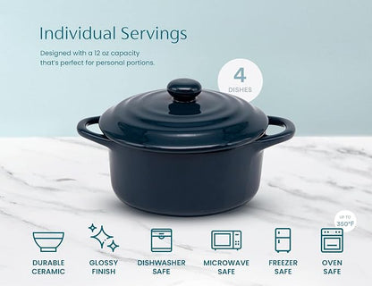 Kook Ceramic Mini Cocotte Set, Small Casserole Dishes with Lids and Handles, Individual Baking Ramekins, Oven safe 350F, Microwave & Dishwasher Safe, Stoneware, 12 oz, Set of 4, (Navy)