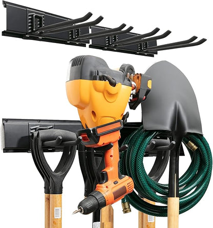 TIDYME Garage Tool Organizer Wall Mount - 32 inches - Sturdy Storage Rack with Adjustable Hooks, Anti-Rust - Easy Installation, 200lbs Capacity - Garden Tool Organizer (02 Racks & 04 Hooks)