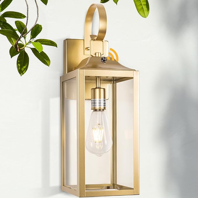 19" Large Dusk to Dawn Outdoor Wall Light, Gold Porch Light Outdoor Wall Lantern Industrial Wall Mount Light Fixture, Waterproof Modern Porch Lighting Exterior Lamp for House Garage