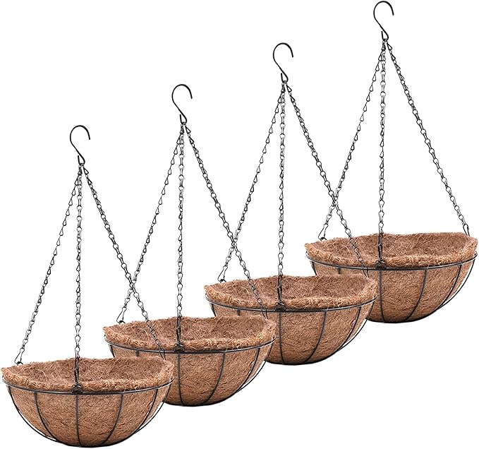 14 inch Metal Hanging Baskets For Plants Outdoor 4 Pack Round Metal Wire Hanging Basket Planter with Coco Fiber Liners Chain Round Wire Plant Holder for Garden, Patio, Deck, Porch Plants Flower Potss