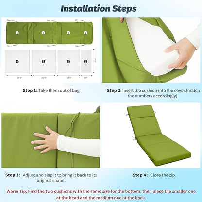 2 Pcs Outdoor Chaise Lounge Cushion 72" x 21" x 3", 4-Section Folding Patio Lounge Chair Cushion with Ties, Waterproof & Fade Resistant Replacement Cushion for Pool, Patio, Deck (Green, 2 Pcs)