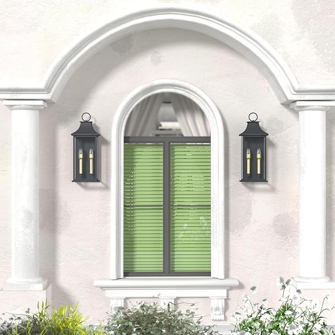 Dusk to Dawn Outdoor Wall Lantern 2-Light, 20.6" Large Outside Wall Sconce, Modern Black Wall Light Fixture with Glass, Waterproof Exterior Lamp for House, Porch, Garage