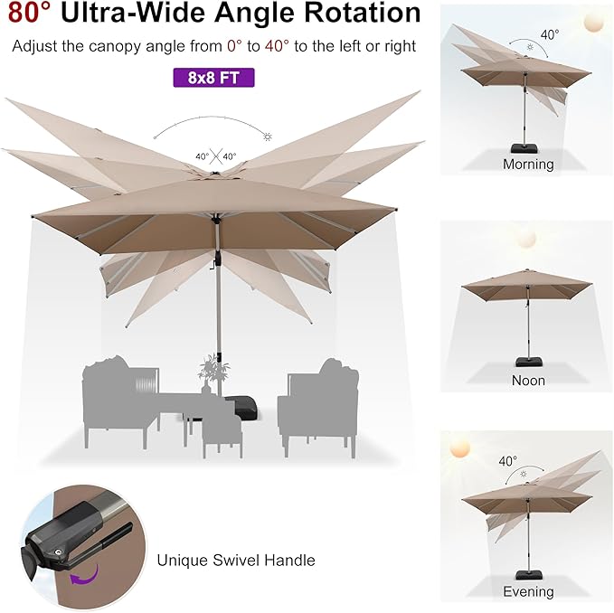 PURPLE LEAF 8' X 8' Left-right Tilting Patio Umbrella with Base Outdoor Swivel Cantilever Offset Aluminum Umbrella with Champagne Frame and 360-degree Rotation for Garden Deck Pool, Taupe