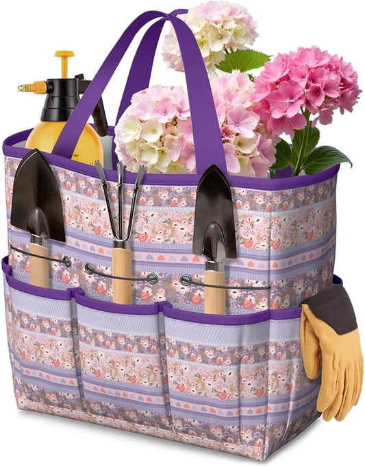 Boho Garden Tool Bag - Waterproof Floral Garden Tote with 8 Pockets, Large Storage Home Organizer Gardening Tool Oxford Bag for Garden Tools Kits Holder, Ideal Outdoor Gardening Gift for Women & Men