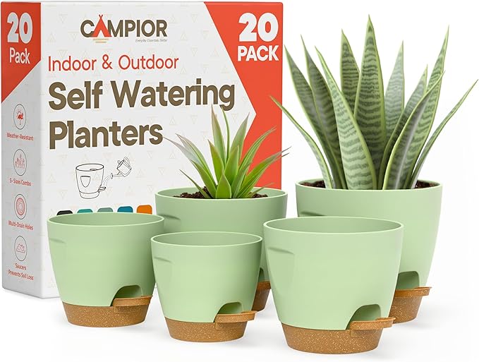 Green Self Watering Pots 20 Pack, Indoor and Outdoor Plant Pots with Wick Rope & Drainage Holes, Easy Watering Lip, Lightweight Plastic Self Watering Planter for Succulents, Houseplants, and Herbs