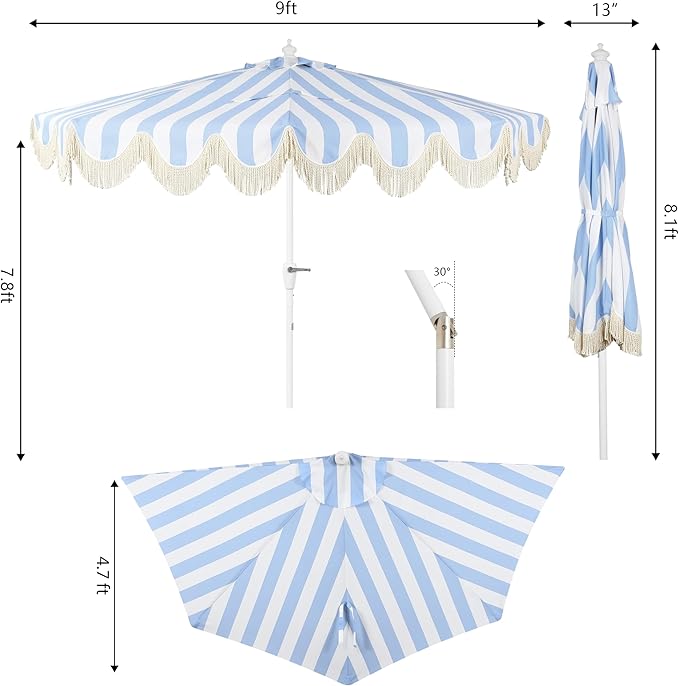 JONATHAN Y Half Umbrella UMB1201J Beverly 9 ft. Designer Classic Scalloped Fringe Market Patio with Crank, Tilt Button and UV Protection in Light Blue/White, White Pole