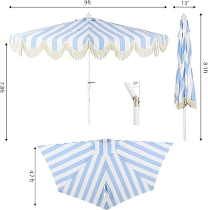 JONATHAN Y Half Umbrella UMB1201J Beverly 9 ft. Designer Classic Scalloped Fringe Market Patio with Crank, Tilt Button and UV Protection in Light Blue/White, White Pole