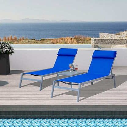 Domi Patio 3 Pieces Textilene Chaise Lounge Set with Side Table Outdoor,Adjustable Back&Pillow for Yard,Garden,Sunbathing,for All Seasons,Blue