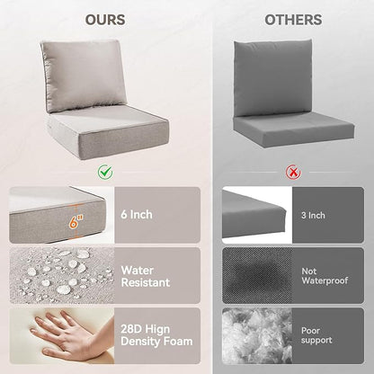 Luxury 6" Outdoor Cushions for Patio Furniture, 24x24x6" Thick Seat Cushion Set of 4, Fade Resistant Couch Chair Replacement Cushions High Density Deep Wicker Chair Cushion w/ Removable Cover, Beige