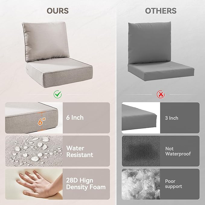 Luxury 6" Outdoor Cushions for Patio Furniture, 24x24x6" Thick Seat Cushion Set of 6, Fade Resistant Couch Chair Replacement Cushions High Density Deep Wicker Chair Cushion w/ Removable Cover, Beige