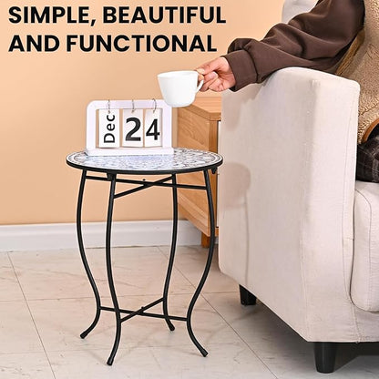Round Side Table, Patio Accent Weather Resistant Metal Side Table for Livingroom Patio Balcony Yard Porch Garden, Indoor Outdoor Small Plant Stand