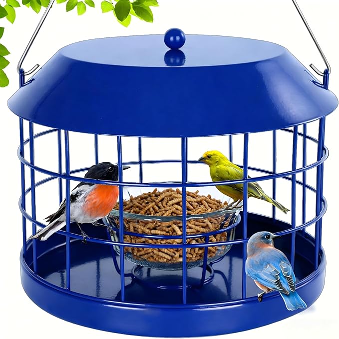 Gbekery Caged Bluebird Feeder for Mealworms with Glass Bowl, Squirrel Proof Bird Feeder for Small Birds Only, Detachable Hook, Large Space, Outdoors Weatherproof, Metal, Blue