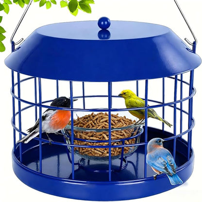 Gbekery Caged Bluebird Feeder for Mealworms with Glass Bowl, Squirrel Proof Bird Feeder for Small Birds Only, Detachable Hook, Large Space, Outdoors Weatherproof, Metal, Blue