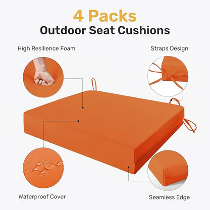 UNIKOME Outdoor Chair Cushions Pack of 4, Water Resistant Patio Cushions with Ties, High Density Sponge Filling Square Corner Seat Cushions for Outdoor Furniture, 24"*24"*4", Orange