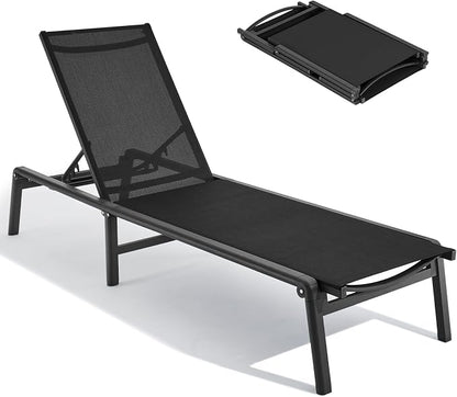 ONBRILL Aluminum Chaise Lounge Chair Outdoor, Foldable & Assembly Free Outdoor Lounge Chair with 5 Position Adjustable Backrest, Patio Pool Lounge Chairs for Outside Poolside Beach Lawn, 1PC, Black
