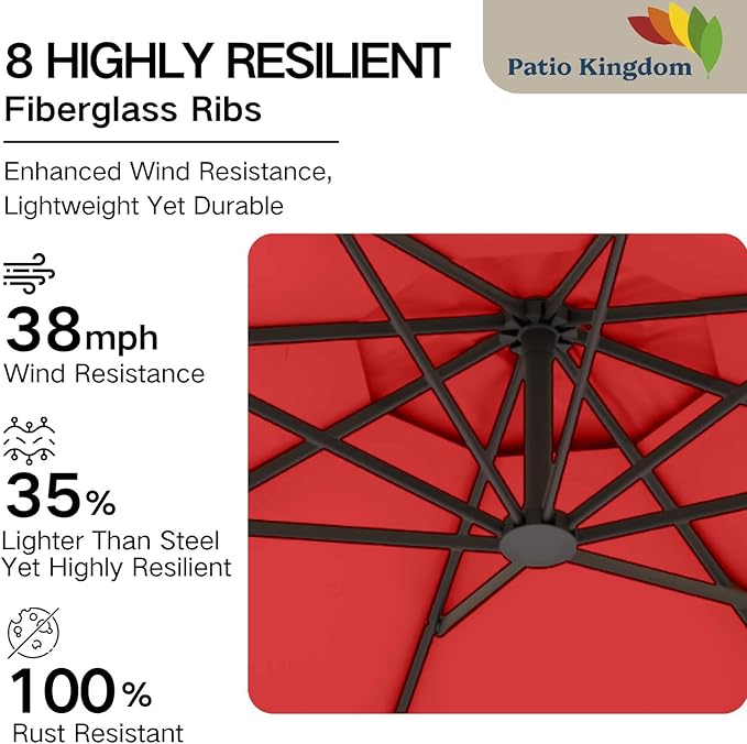10FT Patio Umbrella Outdoor Market Umbrella with Crank and Tilt, 8 Flexible Fiberglass Ribs, UV-Resistant Waterproof Canopy for Patio, Deck, Garden, Backyard, Red