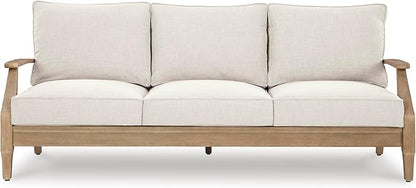 Signature Design by Ashley Carter Hall Outdoor Eucalyptus Wood Patio Sofa – Cushioned with UV-Resistant Nuvella Fabric, 5-Step Protective Finish, Beige