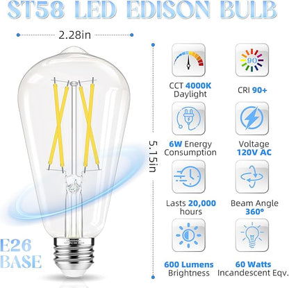 Edison Bulbs 60 watt Equivalent LED, E26 LED Bulb Non-Dimmable, 4000K Daylight White, ST58 Vintage Light Bulbs, 90+ CRI, 6W 600LM, E26 Medium Base, Clear Glass, 12 Pack