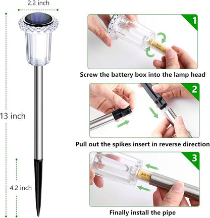Solar Pathway Lights 10 Pack Solar Lights Outdoor Waterproof 6000K Cold White Yard Lighting, LED Stainless Steel Stake for Garden Outside Landscape Lawn Driveway Walkway Path