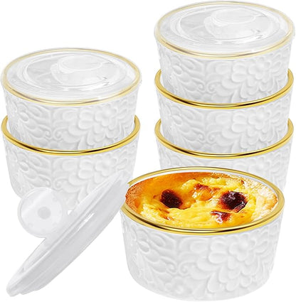 6 Sets Ramekins Oven Safe with Lids, 8 OZ Creme Brulee Ramekins Embossed Flora White Ceramic Ramekin Baking Dish for Souffle Custard Dips Soup Small Bowls for Dessert Appetizers Meal Prep Thanksgiving Christmas Gift