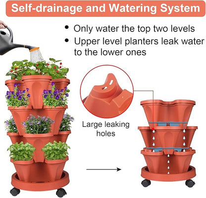 GameXcel Vertical Planter Tower- 4 Tier Stackable Garden Planter with Wheels and Tool Set – Grow Strawberries Herbs Flowers and Vegetables - Indoor Outdoor Use Red