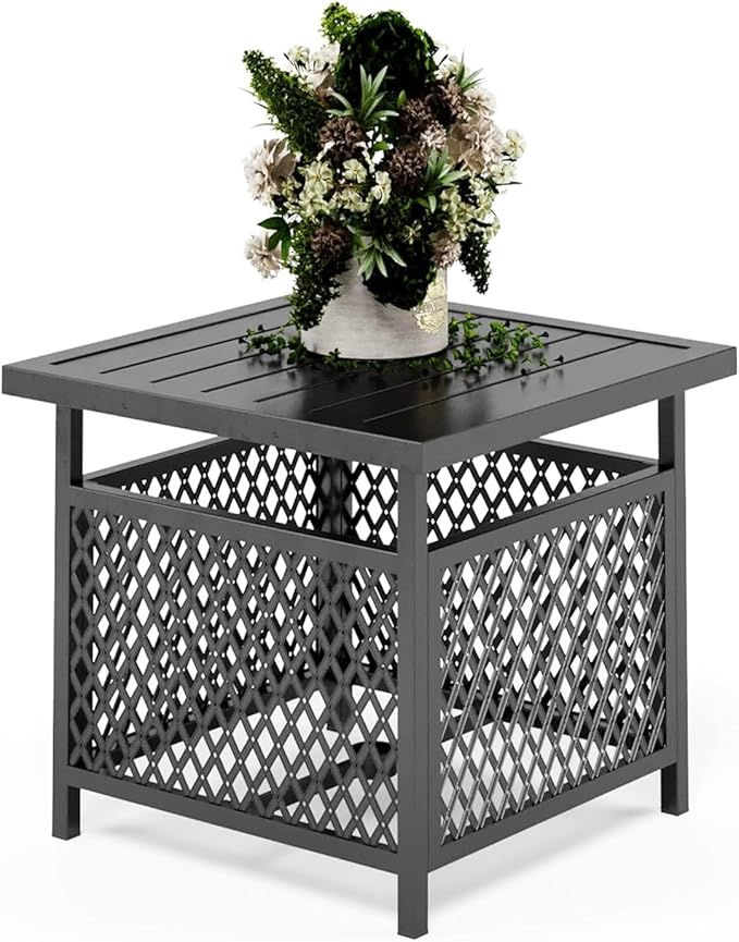 PHI VILLA 3 Piece Outdoor Bistro Set for 2, 22" Wrought Iron Square Table with Umbrella Hole & Swivel Metal Chairs, Small Furniture Conversation Set for Porch, Deck, Balcony, Patio, Yard - Black