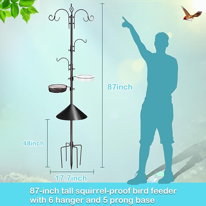 YINGYM Bird Feeding Station Kit, 87 Inches Bird Feeder Pole, Premium Feeder Hanging Kit with Metal Suet, Water Bowl, Mesh Tray and Squirrel Baffle