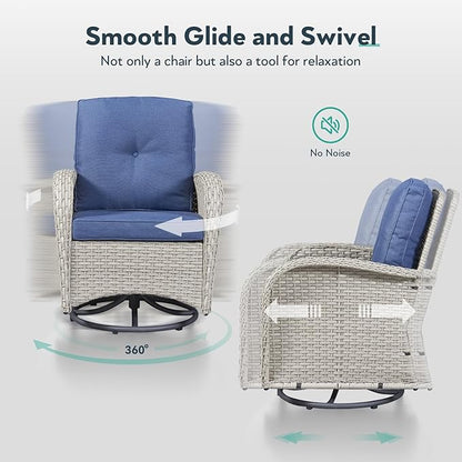 Outdoor Swivel Glider Rocker Chair Set of 4 - Wicker Patio Furniture Set All Weather Conversation Set with 2 Tempered Glass Side Table for Deck Backyard - Light Beige Wicker Blue Cushion