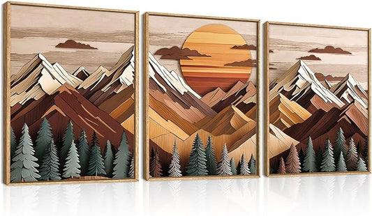KAIRNE Woodcut Style Mountain Framed Canvas Wall Art Set,Wooden Pine Tree Wall Decor,Vintage Forest Landscape Art Prints,Nature Sunrise Artwork for Living Room,Bedroom,Farmhouse,Office-12 x16 x3