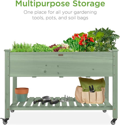 Best Choice Products Raised Garden Bed 48x24x32-inch Mobile Elevated Wood Planter w/Lockable Wheels, Storage Shelf, Protective Liner - Sage