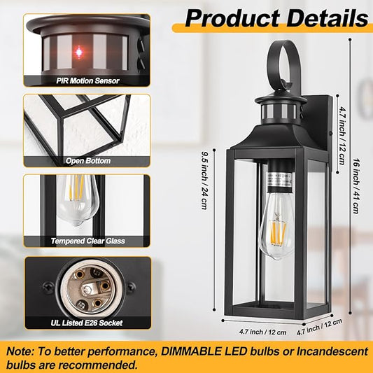 Motion Sensor Outdoor Wall Lights 2 Pack, Black Dusk to Dawn Light Fixtures Wall Mount, 16" Exterior Wall Sconces Waterproof, Large Outside Lamps for House, Modern Porch Lanterns 3 Modes
