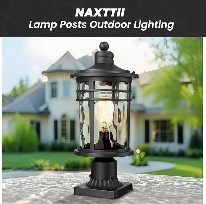 Outdoor Post Lighting Fixtures Pole Lantern Waterproof Aluminum Housing with Water Ripple Glass 16.5 Inch Height Large Size Pillar Light Outdoor for Garden Patio Pathway E26 Socket