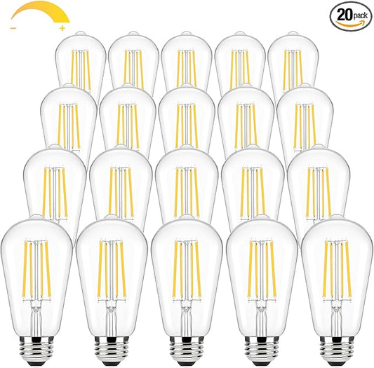 Brightever 20-Pack Edison Light Bulbs 60W Equivalent, Dimmable LED Light Bulbs, 7W, 850LM Vintage E26 LED Bulb 2700K Soft White, 90+CRI, ST58 Clear Glass Antique Decor Filament Bulb for Living Room