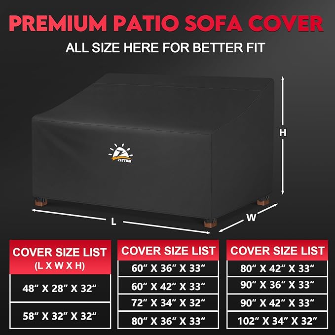 Zettum Patio Sofa Cover 90 Inch - 600D Outdoor Couch Cover Furniture Cover Waterproof & Heavy Duty, Large 3-Seater Bench Cover for Outside Sofa, Loveseat, Couch, Glider and Bench - 90 x 42 x 33 Inch