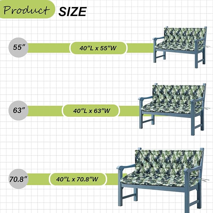 Swing Replacement Cushions with Backrest, 2 or 3 Seater Waterproof Non-Slip Overstuffed Swing Pad, Indoor/Outdoor Bench Cushion for Porch Chair Swing Garden Furniture (Leaves, 40 * 63 in)