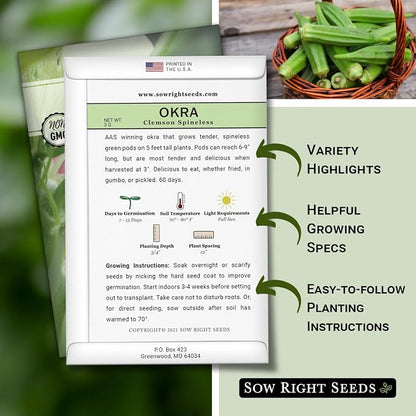 Sow Right Seeds - Clemson Spineless Okra Seed for Planting - Non-GMO Heirloom Packet with Instructions to Plant and Grow an Outdoor Home Vegetable Garden - Smooth Pods for Fried Okra (1)