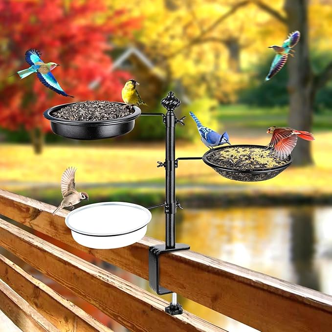 Deck Bird Feeder for Railing, BOLITE Balcony Bird Feeders for Outside, Three Trays, Enhanced Version, Black, Birthday Gifts for Women Men, Gifts for Mom Dad