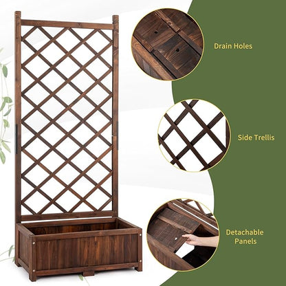 Outvita Wood Planter with Trellis, 29" x 17" x 67" Outdoor Raised Garden Bed with Drainage Holes, Vertical Standing Planter Box for Climbing Plants Vegetable in Garden, Patio, Balcony (Brown)