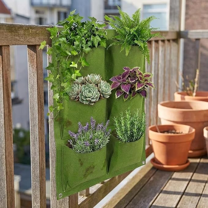 WFIST Vertical Hanging Planter Bag, Breathable Felt Wall Garden Planter with Metal Grommets, Indoor/Outdoor Space-Saving Herb & Flower Growing Pouch (6-Pocket)