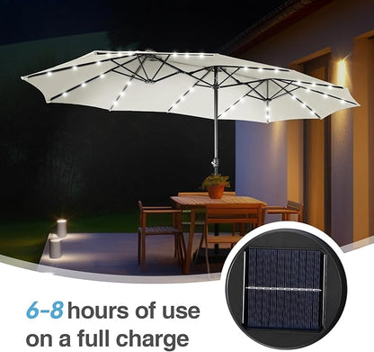 GREEN PARTY 15 ft Rectangle Patio Umbrella with Solar Lights and Base Included, Double-Sided Market Table Umbrella with Crank, Large Outdoor Umbrellas for Patio Poolside Garden Backyard, Ivory