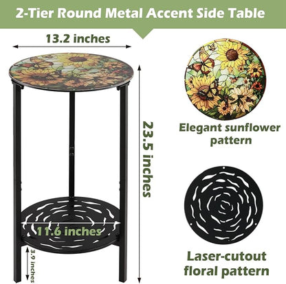 2-Tier Metal Round Side Table Black Accent Coffee Tables Small Space Corner Plant Stand Shelf for Indoor Outdoor Use Patio Balcony End Table Flower Print Weather-Resistant