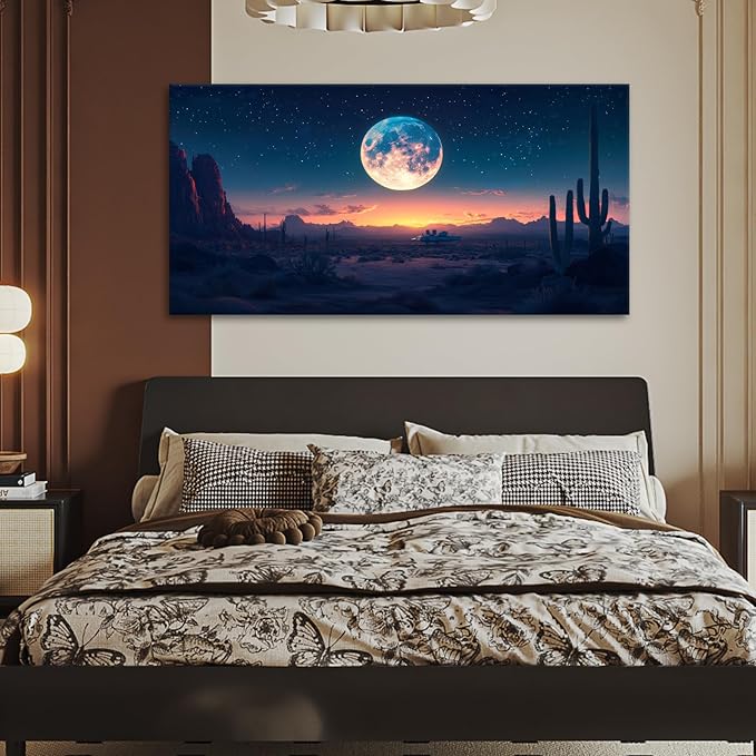 JLXART Moon Desert Night Western Wall Decor Boho Cactus Canvas Prints Nature Paintings Modern Mountain Poster Pictures For Living Room 20X40inch