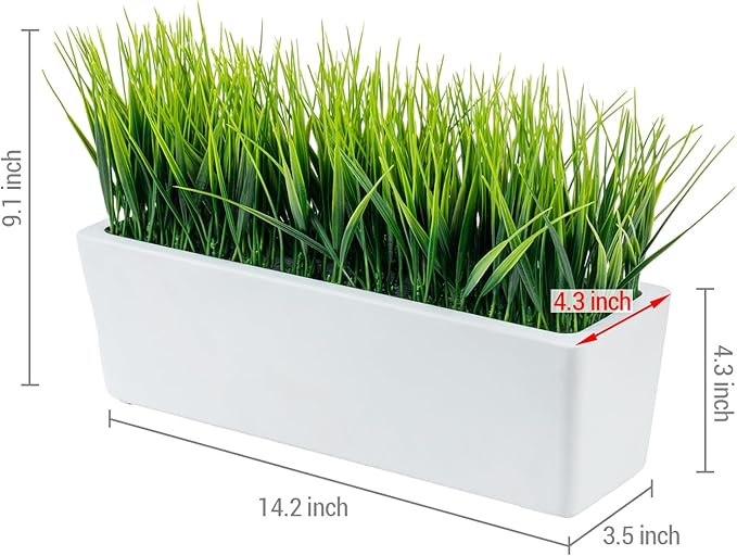 MyGift 14 Inch Artificial Green Grass Plant in Modern White Concrete Planter Window Box, Tabletop Faux Greenery in Decorative Rectangular Cement Container