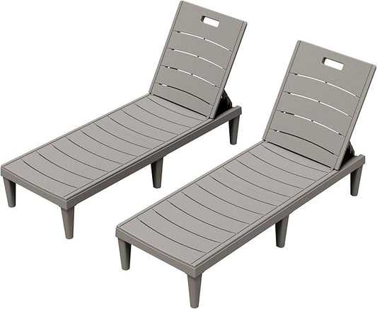 Greesum Outdoor Chaise Lounge Chairs Set of 2 with 5-Position Adjustable Backrest, Waterproof PP Sun Loungers for Garden Pool Beach Patio Deck Sunbathing, Light Coffee