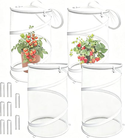 4 Pcs Pop Up Mesh Plant Protectors, 21 x 13 Foldable Garden Cover, Specifically Designed for Outdoor Vegetables, Seedlings & Flowers, Animal Barrier Cloches with Stakes (White)