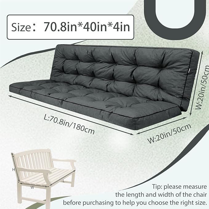 2/3 Seater Swing Replacement Cushion, Waterproof Porch Swing Cushions with Backrest, Thickened Bench Cushions for Outdoor Furniture, for Outdoor Patio Swing (Dark Grey, 70.8 * 40in)